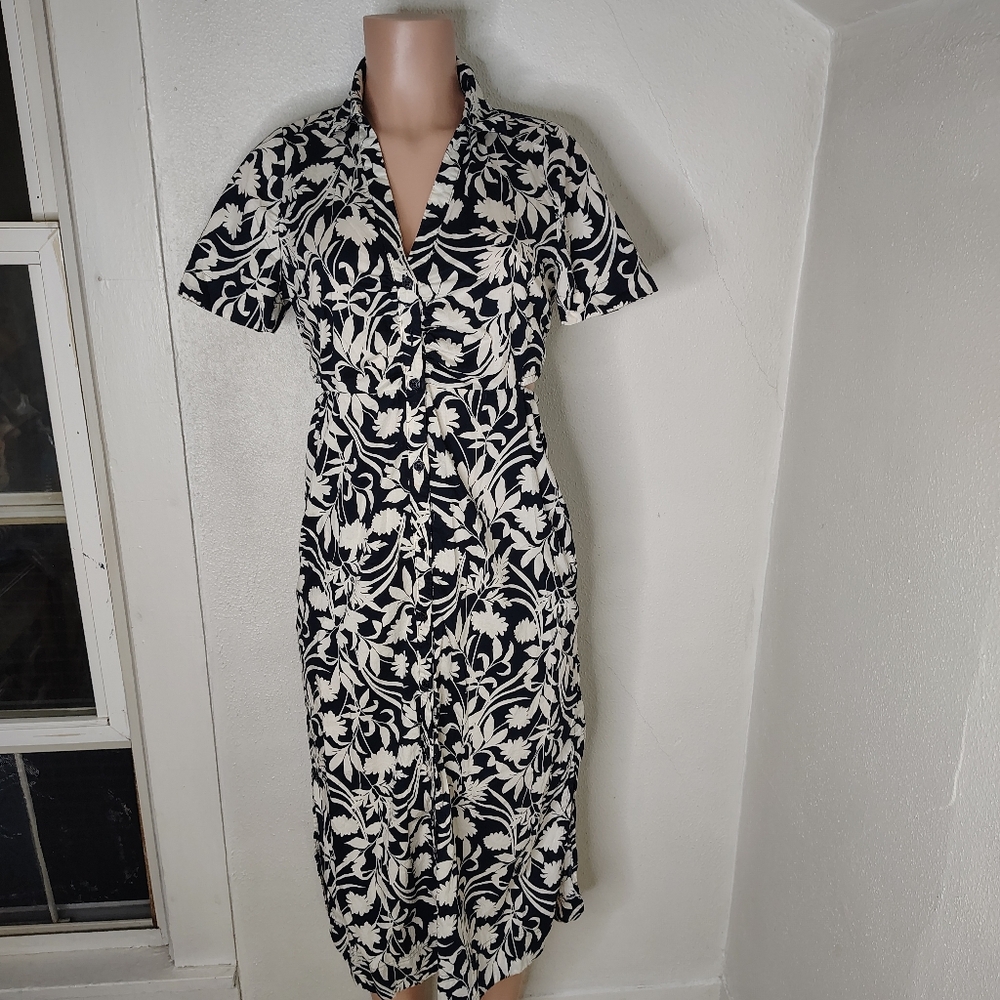 Old Navy Button Front Midi Dress Black White Floral Print Short Sleeve Size Smal